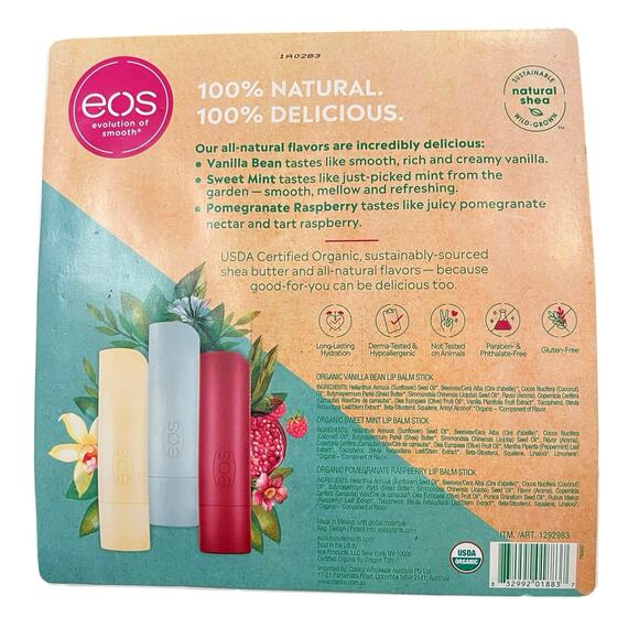 EOS Organic Lip Balm Care Collection vanilla mint pomegranate raspberry 9 Pack - Picture 3 of 3